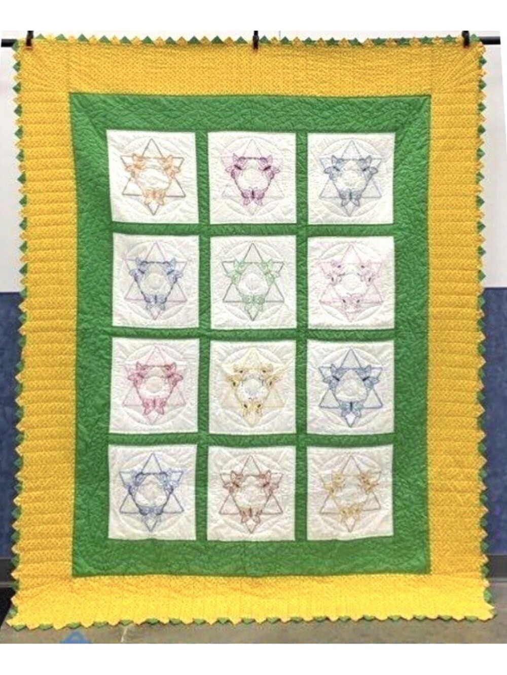 Handmade Hand-sewn 12 Square Block Insect Green Yellow Multicolor  Quilt 72”x88”